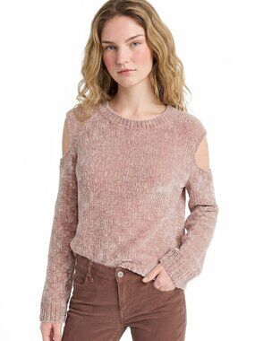 NWT EXPRESS Pink Metallic Cold Shoulder Chenille Sweater Small Bell Sleeve S NEW